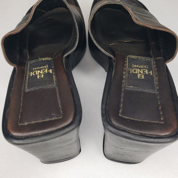 Fendi Platform Slides Sandals Logo Size 5 US Black Brown Vintage Made in Italy - Picture 8 of 15